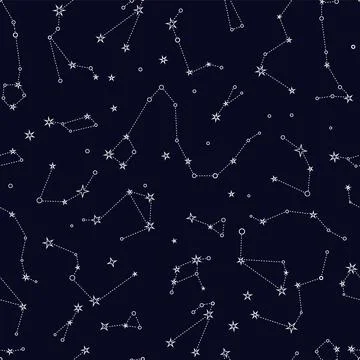 Starry night sky vector seamless pattern. Constellation map of Milky Way. Illustrazione stock