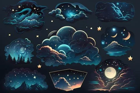 Starry night sticker pack Stock Illustration