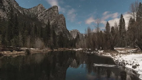 Starry night at the Three Sisters of Yosemite National Park Stock Footage 132014029