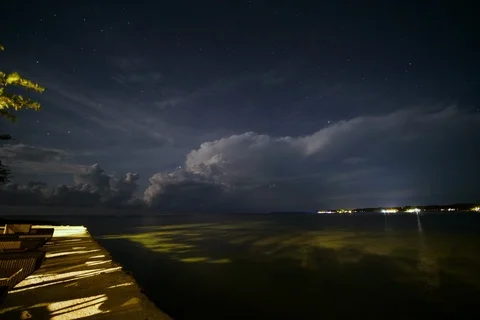 Starry Night With Thunderstorm And Lightning Over The Sea Video stock 123761396