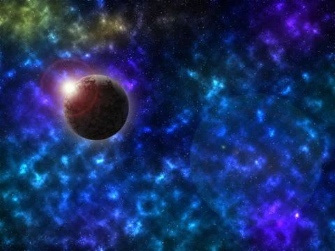 Starry outer space background texture. The sun is behind the dead planet. Stock-Fotos