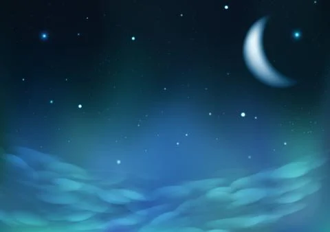Starry scatter on night cloudy sky with moon, fantasy astronomy constellation Stock Illustration