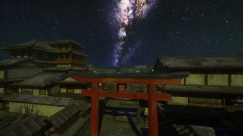 Starry shrine journey. Celestial gateway overseeing peaceful rooftops Vídeos de archivo 339800246