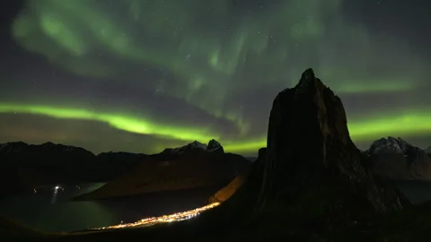 Starry sky and Segla peak with Northern Lights Stock Footage 250298905