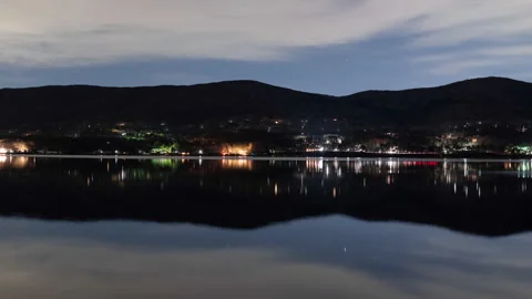 Starry Sky and Traffic Reflected in a Lake at Night (Time Lapse) Stock Footage 147961599