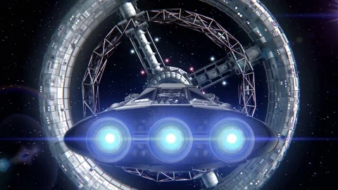 Starry sky in the backdrop. Spacecraft flies out of the tunnel. Stockbeeldmateriaal 85052338