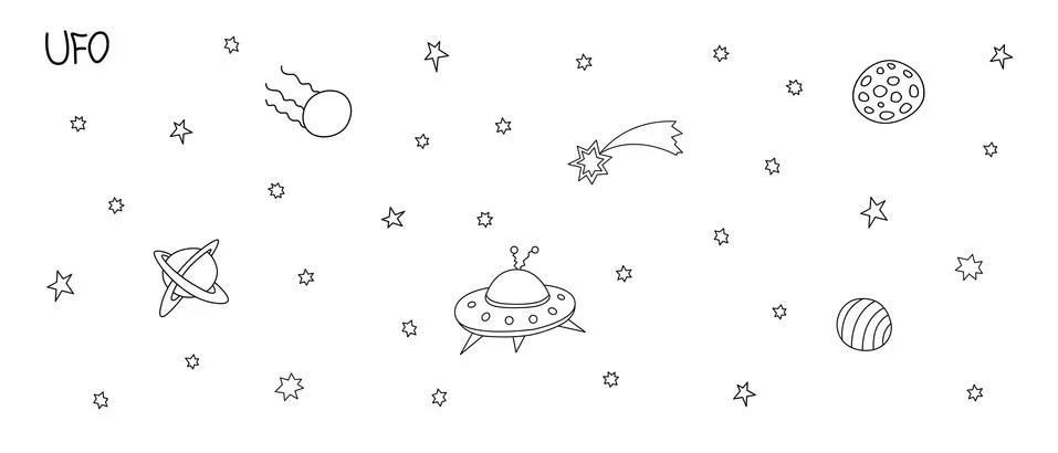Starry sky with Cosmic objects set. Black outline elements on white backgroun Stock Illustration