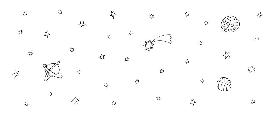 Starry sky with Cosmic objects set. Black outline elements on white backgroun Stock Illustration