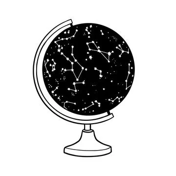 Starry Sky Night Map with Constellations on Globe. Hand drawn doodle vector i Illustrazione stock