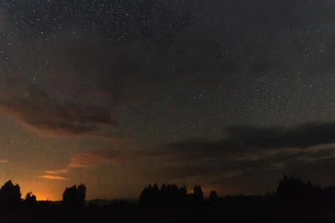 Starry sky over the forest over the fields and forests summer night and far f Stock Photos