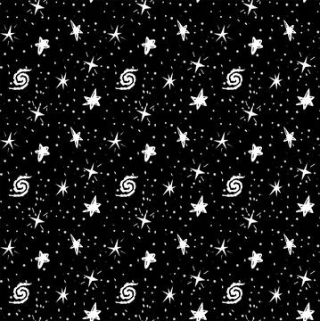 Starry sky seamless black background with different stars black and white, wh Stock Illustration