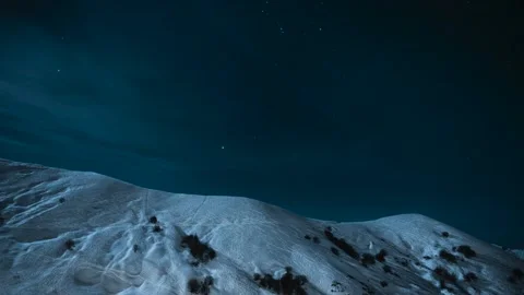 Stars above snow-capped mountains at night. Astrography time lapse. Stock Footage
