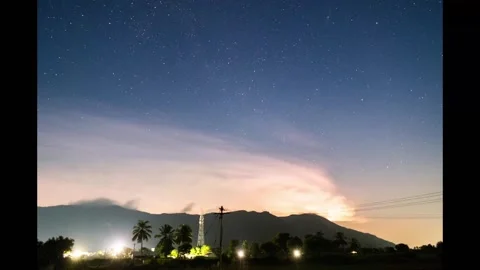 Stars and Lightning Over Mountain Timelapse | Dramatic Night Sky Scene Stock Footage 313294553