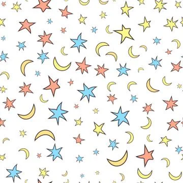 Stars and moons seamless pattern. Cartoon style. White background. Patch for Stock Illustration
