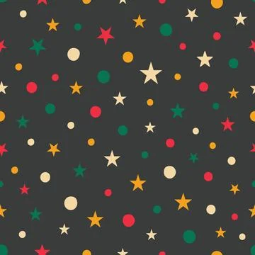 Stars, dots on Black background vector repeat pattern Stock Illustration