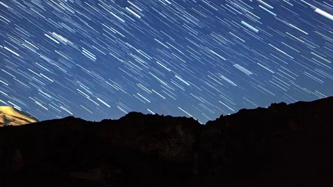 Stars draw lines and clouds over Mount Elbrus. Night landscape. Russia Stock Footage 84137390