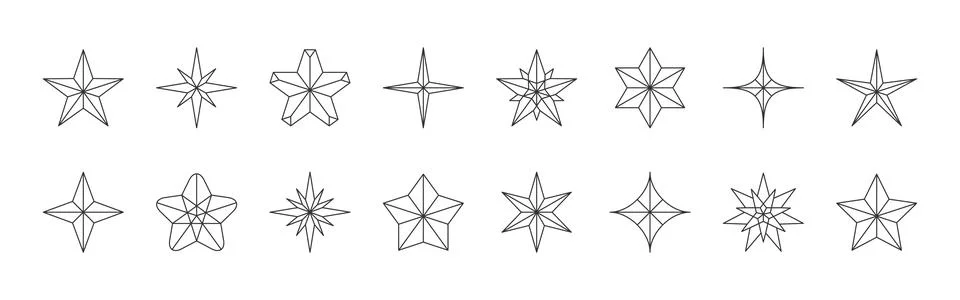 Stars linear set five pointed sharp edged sparkle Stock Illustration