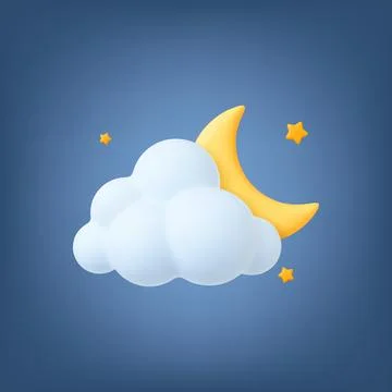 Stars, moon in cloud 3d design. Crescent in sky, realistic plastic soft element Stock Illustration