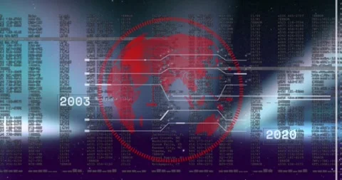 Stars pulsing starting red globe rotating, data columns sliding, lines Stock Footage 328657088