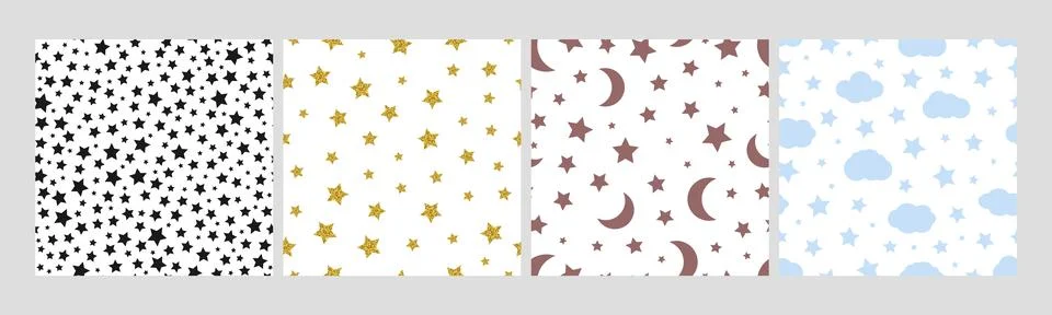 Stars seamless pattern set. Black golden star textures, simple moon and clouds イラスト素材