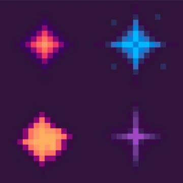 Stars Set, Pixel Space Game Icons, Starry Galaxy Stock Illustration