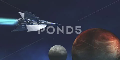 A starship from Earth travels to a red planet. Stock Illustration