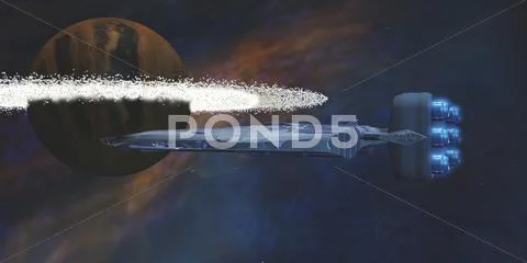 A starship passes by a planet with a ring of asteroids. Stock Illustration