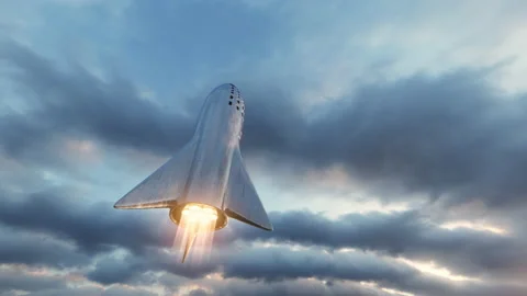 Starship Rocket launch to Mars heavy Spaceship taking off to Cosmos 3D Animation 库存影片 131561760