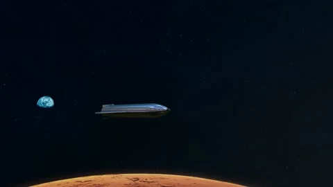 Starship in space flying over the surface of Mars. Stock Footage 288943048