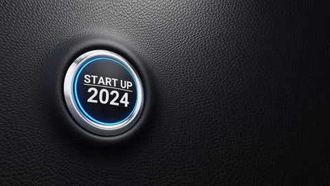 Start Up 2024 push button, Start Up 2024 modern car button with blue shine Illustrazione stock