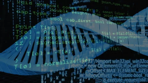At start 3D blue DNA helix rotating, code shifting through defs for visualizing Stock Footage 313307593