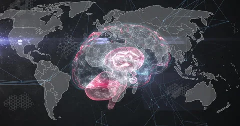 On start, 3D brain model rotating, pulsing, linking nodes into global data Stock Footage 311584729