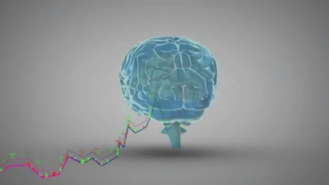 On start, 3D brain model rotating, line chart emerging, pathways lighting to Video stock 318260487