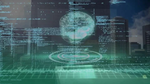 On start 3D brain rotating connecting light to pulsing rings scrolling code Stock Footage 332281554