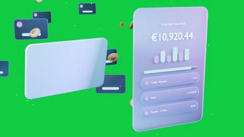 On start 3D card rotating UI sliding coins orbiting to reveal balance on Stock Footage 337887668
