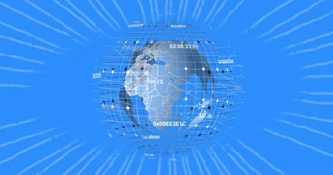 On start 3D data globe rotating, grid pulsing, nodes moving, labels flipping, 스톡 동영상 321700506