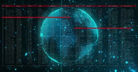 On start, 3D digital globe rotating with scrolling code and moving red scan bars Stock Footage 312657373