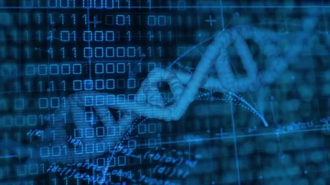 At start, 3D DNA helix forming, rotating while binary streaming, nodes pulsing, Stock Footage 314173687