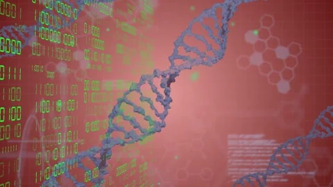 On start 3D DNA helix moving right and up, binary streaming, helix emerging, Stock Footage 334788644