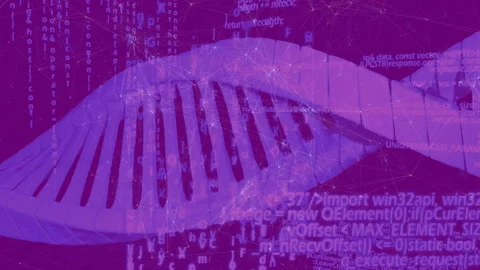 On start 3D DNA helix rotating and shifting sideways while code scrolling Stock Footage 314717726