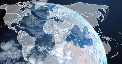 On start 3D Earth rotating continent outlines fading hex grid forming lines Stock Footage 314744081