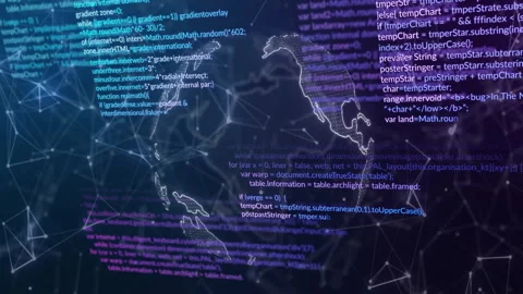 At start, 3D globe forming and rotating while code snippets scroll, visualizing Stock Footage 310826191