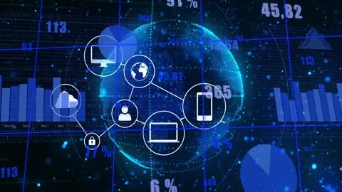 At start 3D globe rising starting padlock node linking icons forming network Video stock 313308015