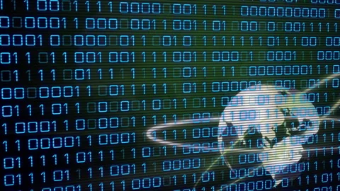 On start 3D globe rotating and drifting down over binary overlay showing digital Stock Footage 314848651