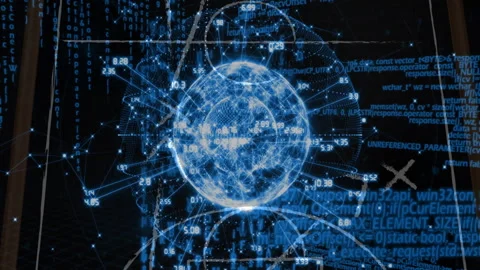 On start 3D globe rotating with floating numeric labels, emerging mesh and code Stock Footage 311225098