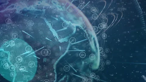 On start 3D globe rotating right data nodes appearing and streaming lines Stock Footage 312915927