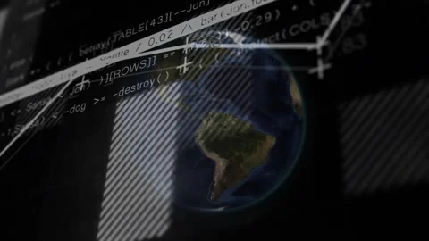 On start 3D globe rotating west bars appearing line graph extending code Stock Footage 317228456