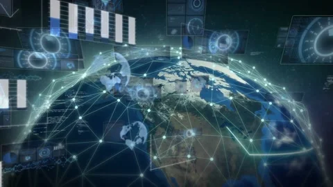On start, 3D globe rotating while network pulsing and HUD panels sliding, Stock Footage 334337448