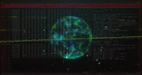 On start 3D globe undulating pulsing yellow waveform while code and scan Stock Footage 310972417
