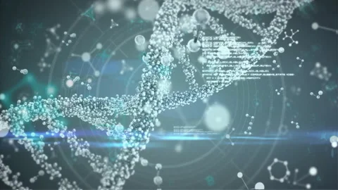 At start 3D glowing DNA helix unfolding and rotating as code overlays scrolling Stock Footage 313307271